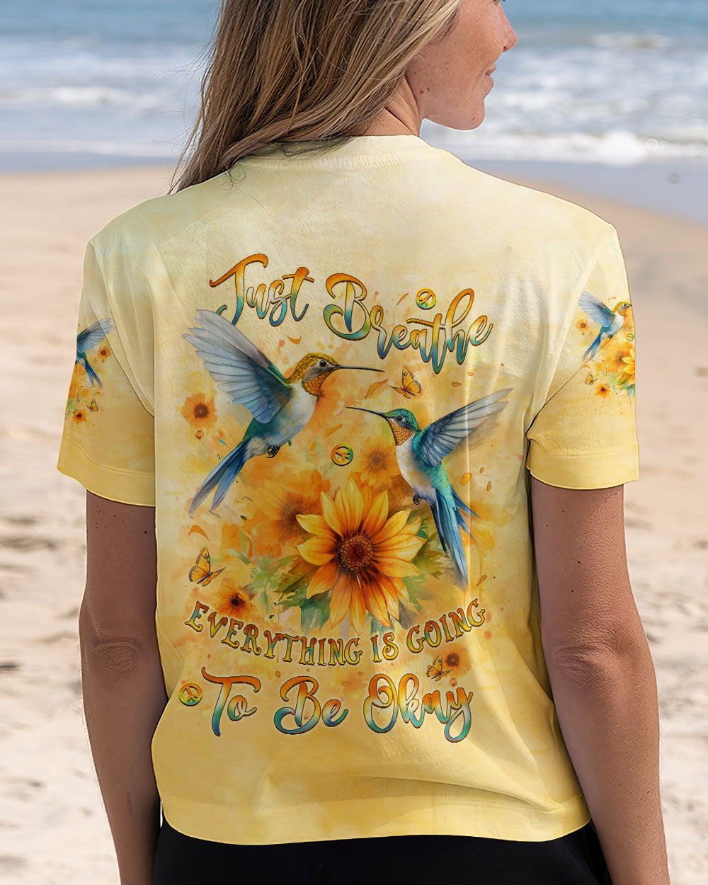 Just Breathe Everything Is Going to Be Okay Hummingbird and Floral AOP Shirts _7_ M01CM