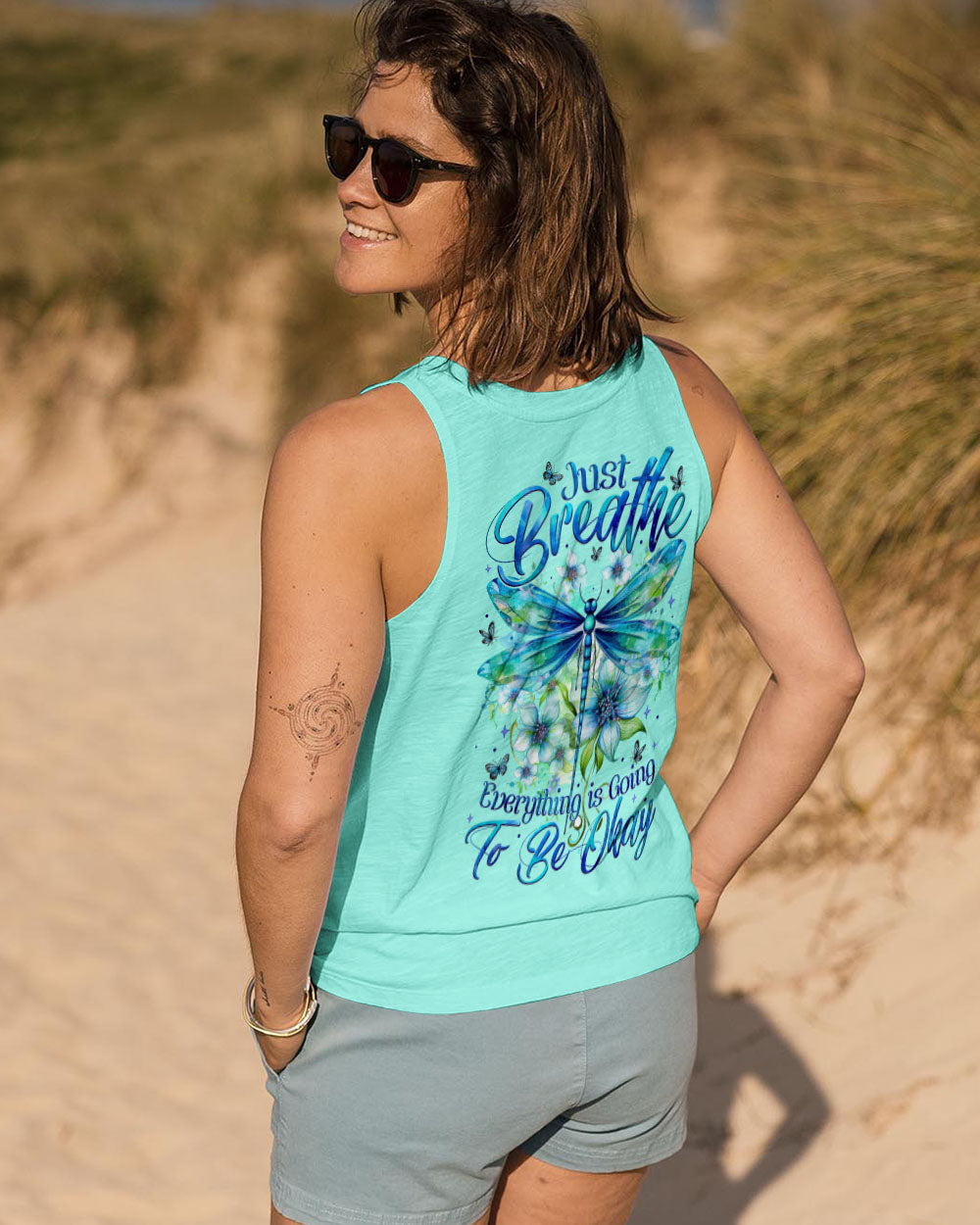 Just Breathe Everything Is Going to Be Okay Inspirational Dragonfly Floral AOP Shirts _13_ Qjrmb