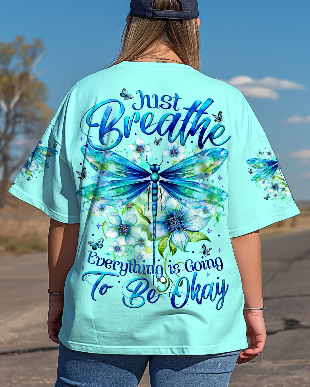 Just Breathe Everything Is Going to Be Okay Inspirational Dragonfly Floral AOP Shirts _3_ PNpe8