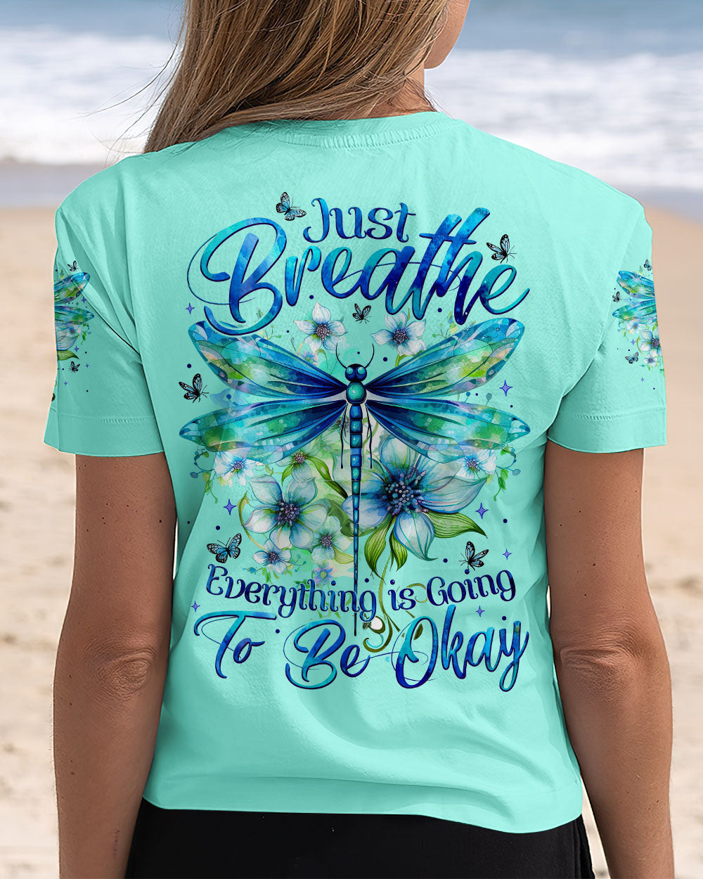 Just Breathe Everything Is Going to Be Okay Inspirational Dragonfly Floral AOP Shirts _5_ AYslN