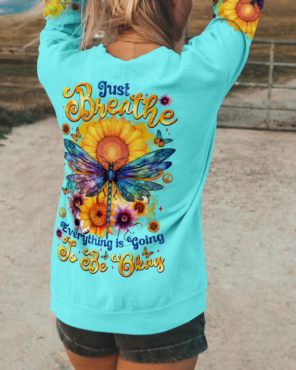 Just Breathe Everything Is Going to Be Okay Inspirational Sunflower and Dragonfly AOP Shirts _10_ 7aNHY