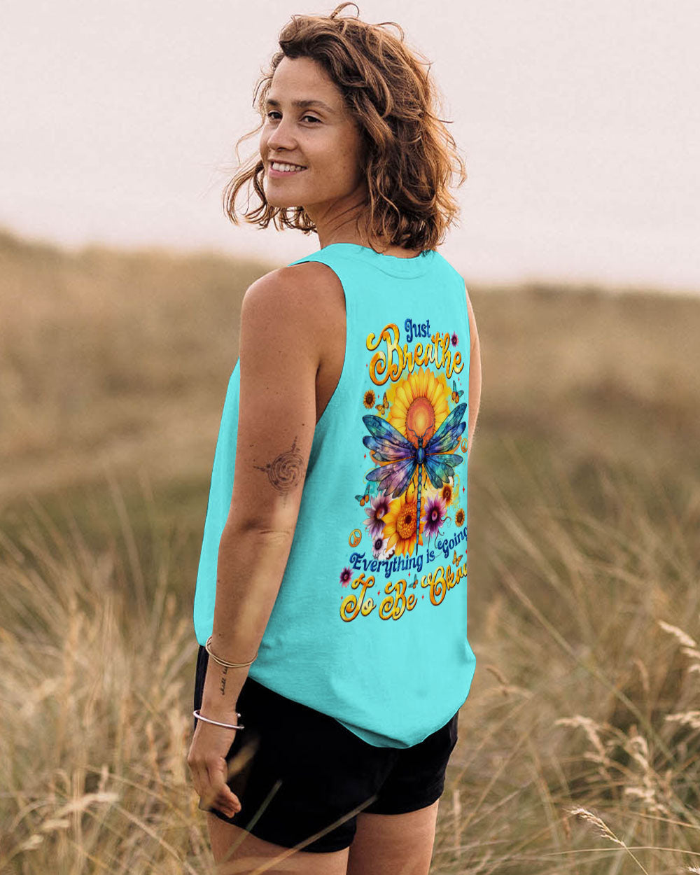 Just Breathe Everything Is Going to Be Okay Inspirational Sunflower and Dragonfly AOP Shirts _14_ 9y21s