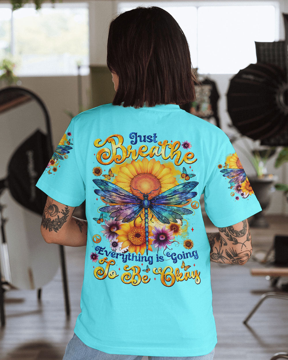 Just Breathe Everything Is Going to Be Okay Inspirational Sunflower and Dragonfly AOP Shirts _1_ GfSzl