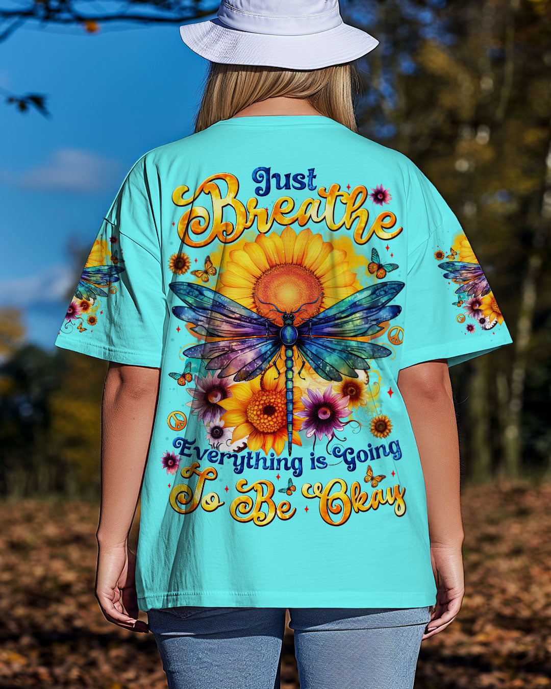Just Breathe Everything Is Going to Be Okay Inspirational Sunflower and Dragonfly AOP Shirts _4_ a6wH2