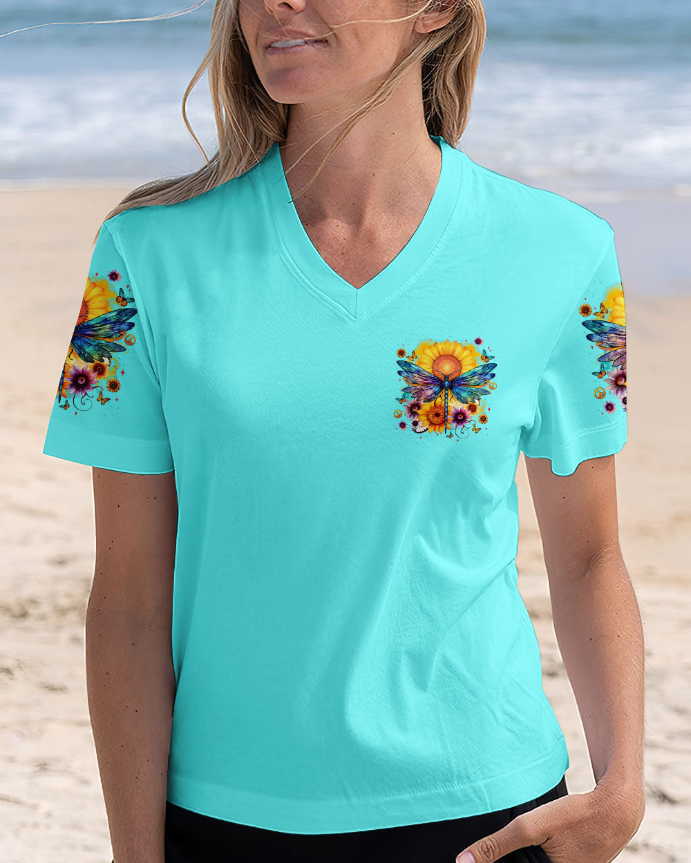 Just Breathe Everything Is Going to Be Okay Inspirational Sunflower and Dragonfly AOP Shirts _5_ R0BPC