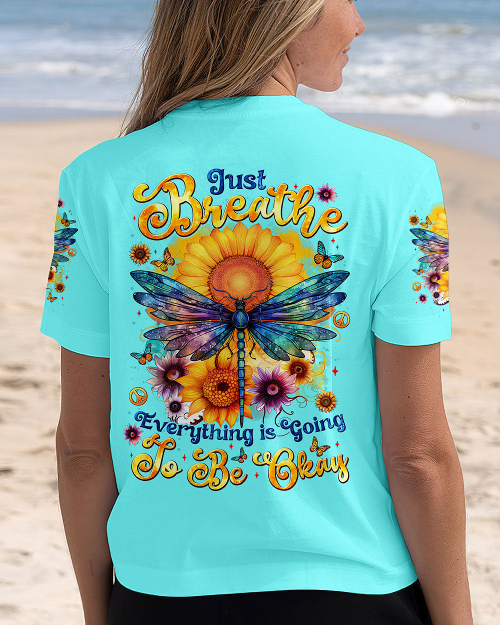 Just Breathe Everything Is Going to Be Okay Inspirational Sunflower and Dragonfly AOP Shirts _6_ uiIvD