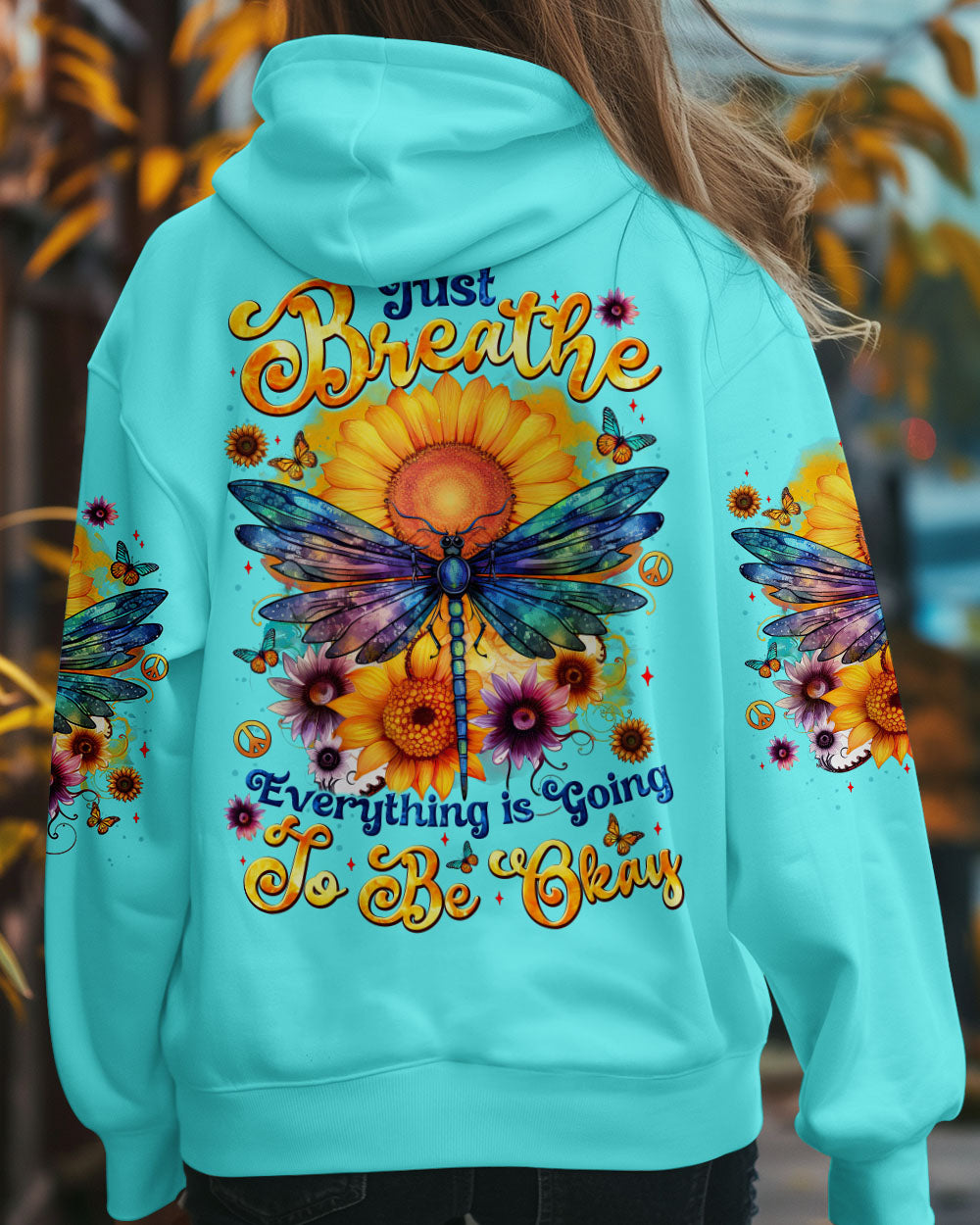 Just Breathe Everything Is Going to Be Okay Inspirational Sunflower and Dragonfly AOP Shirts _8_ 8YMPV