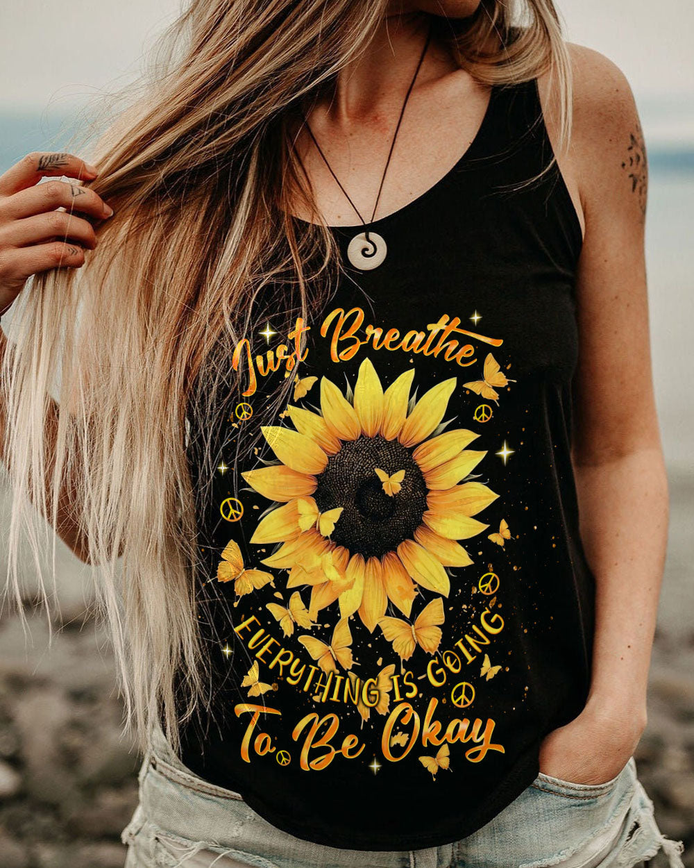 Just Breathe Everything Is Going to Be Okay Inspirational Sunflower with Butterflies AOP Shirts _11_ PiIMc