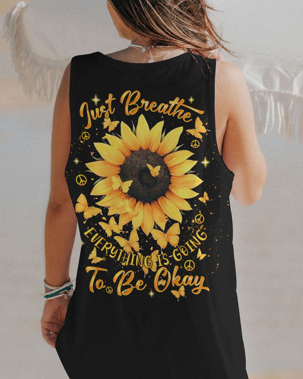 Just Breathe Everything Is Going to Be Okay Inspirational Sunflower with Butterflies AOP Shirts _13_ X2T4l