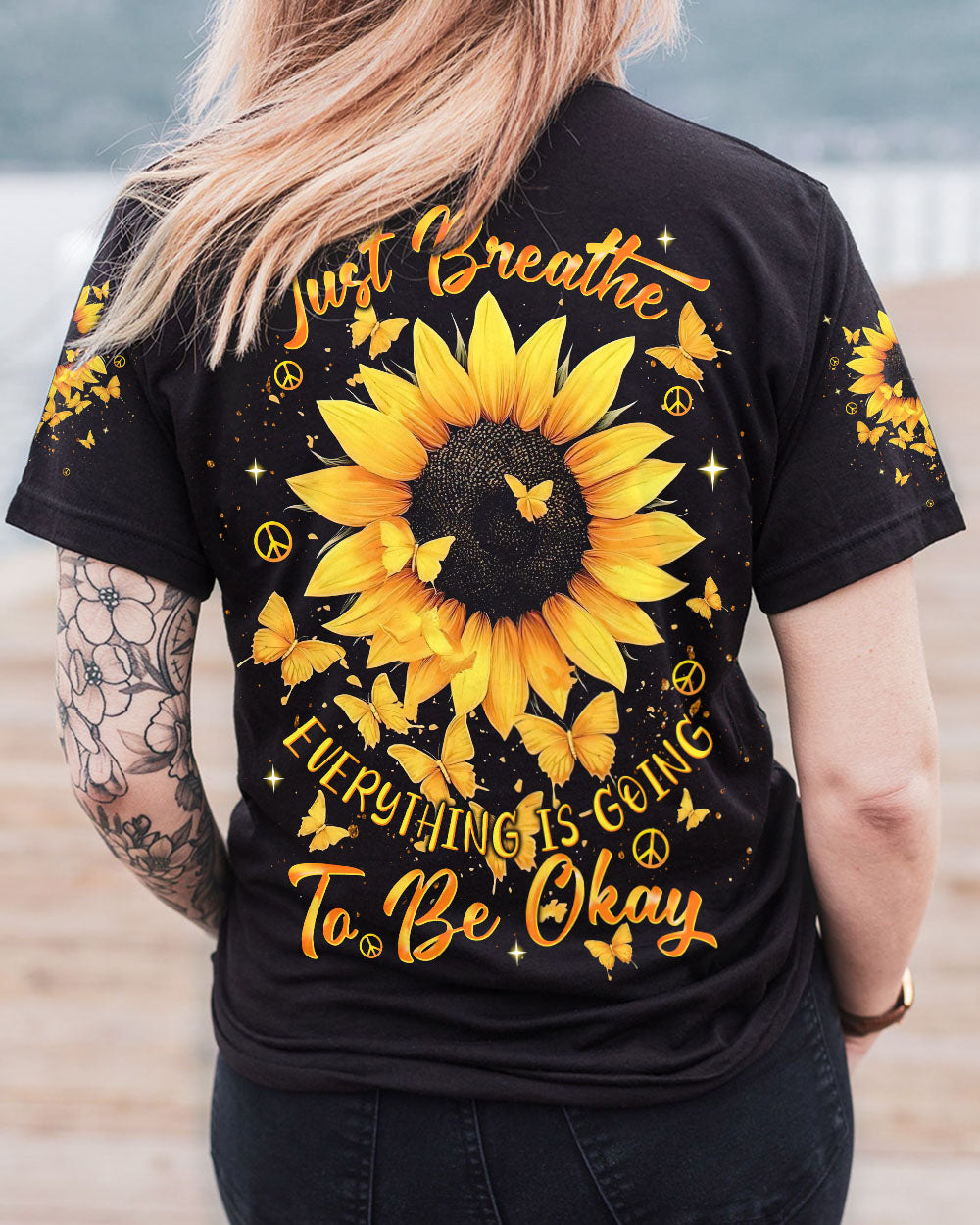 Just Breathe Everything Is Going to Be Okay Inspirational Sunflower with Butterflies AOP Shirts _1_ 9JQgj