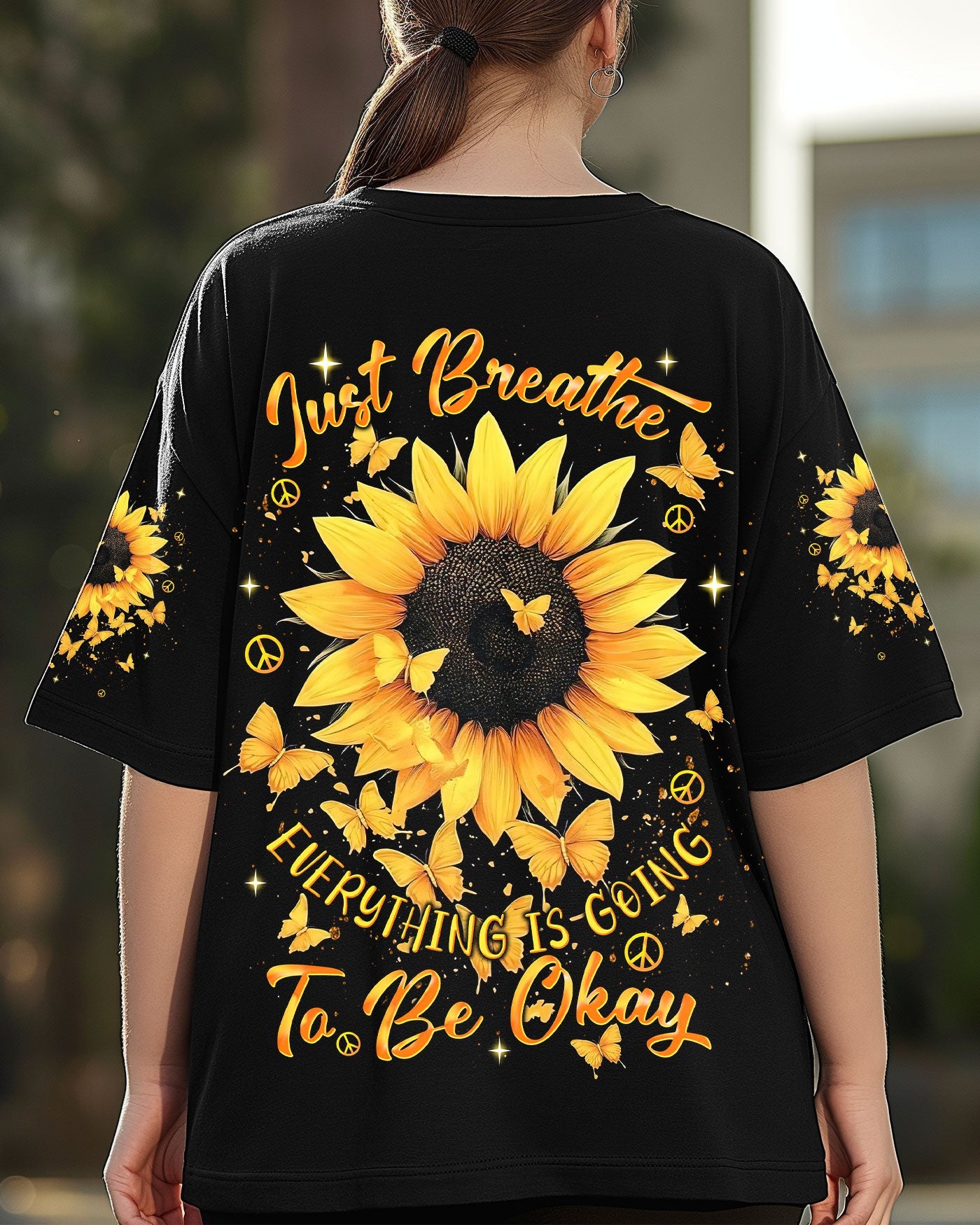 Just Breathe Everything Is Going to Be Okay Inspirational Sunflower with Butterflies AOP Shirts _3_ aH6Zi
