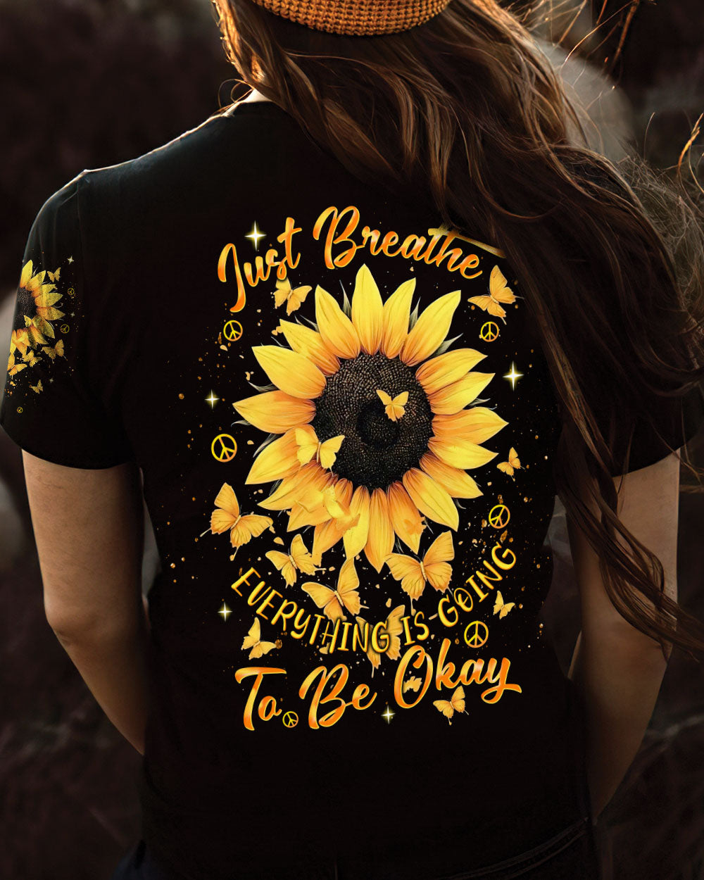 Just Breathe Everything Is Going to Be Okay Inspirational Sunflower with Butterflies AOP Shirts _5_ wOGRI