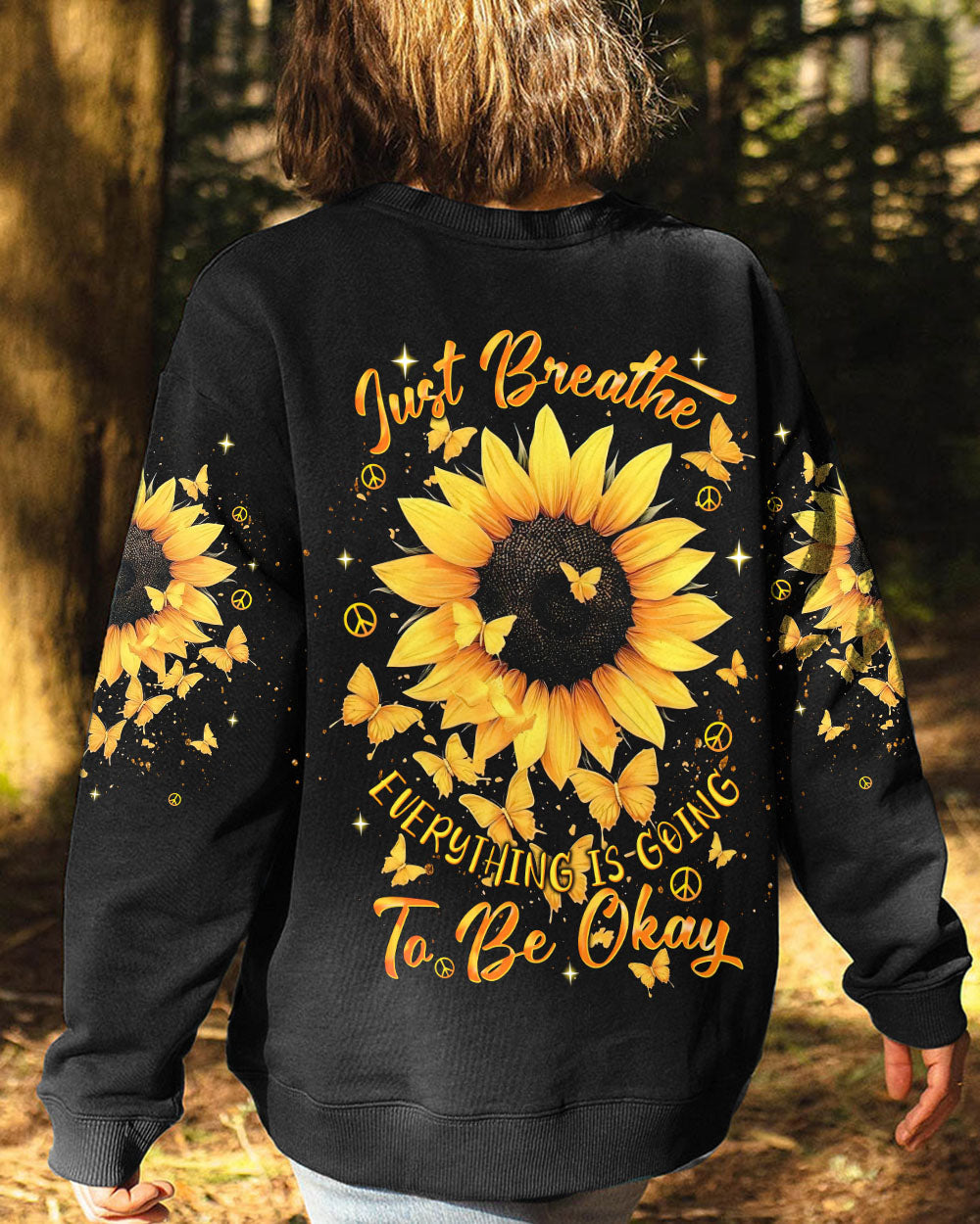 Just Breathe Everything Is Going to Be Okay Inspirational Sunflower with Butterflies AOP Shirts _9_ Aopq6