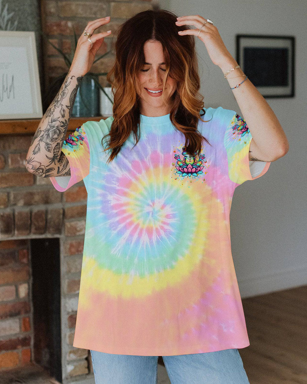 Just Breathe Everything Is Going to Be Okay Meditating Frog Tie Dye Lotus AOP Shirts _10_ nL8a7