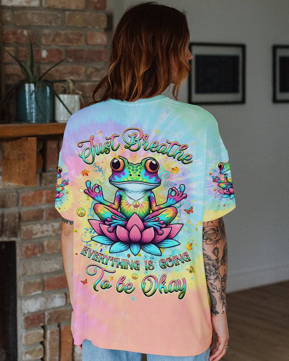 Just Breathe Everything Is Going to Be Okay Meditating Frog Tie Dye Lotus AOP Shirts _11_ VcdoD