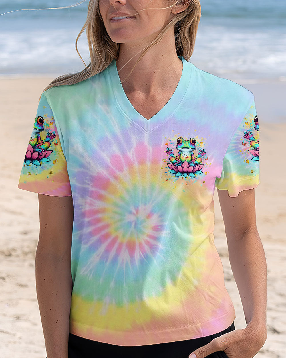 Just Breathe Everything Is Going to Be Okay Meditating Frog Tie Dye Lotus AOP Shirts _12_ dZ4hT