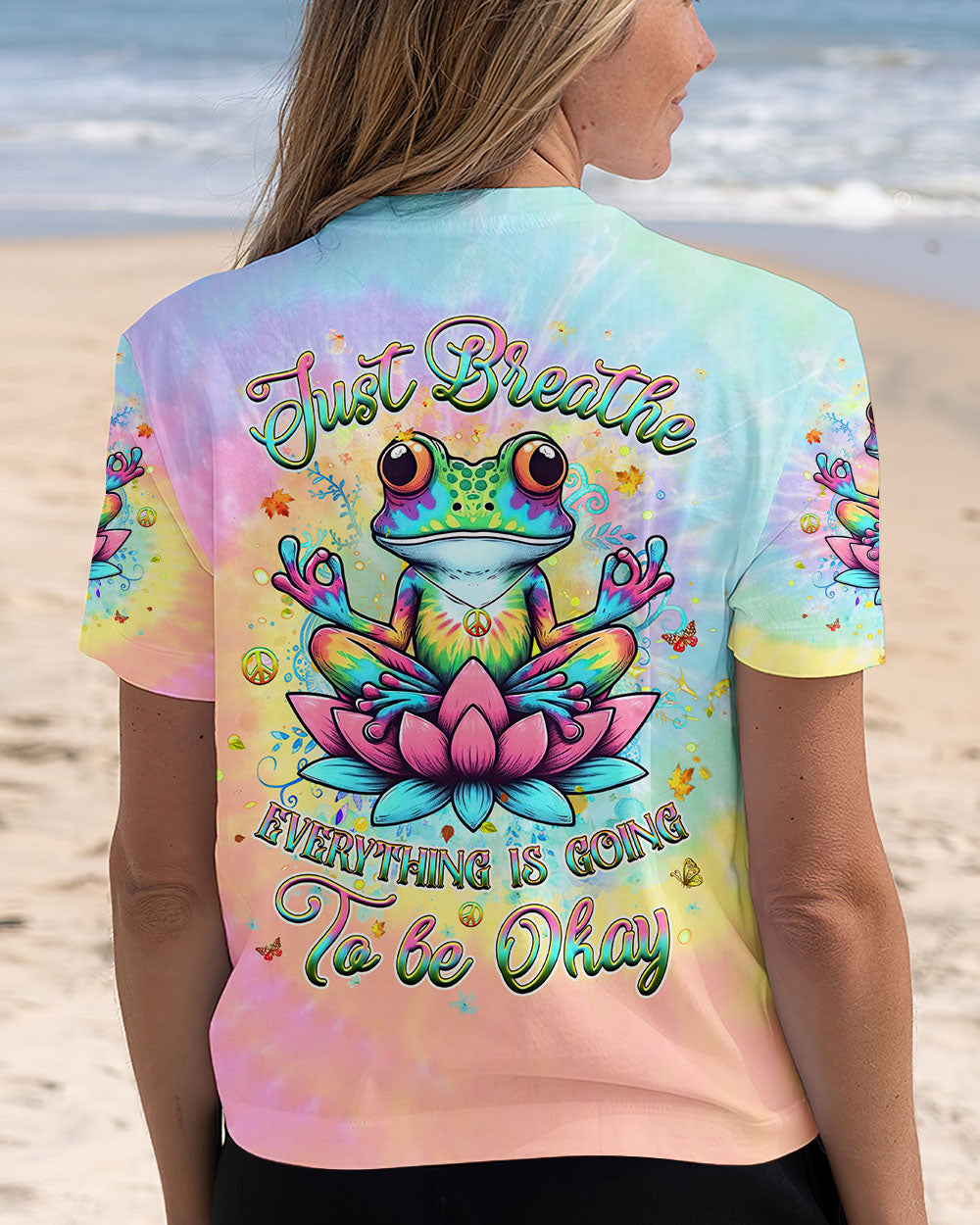 Just Breathe Everything Is Going to Be Okay Meditating Frog Tie Dye Lotus AOP Shirts _13_ WODke