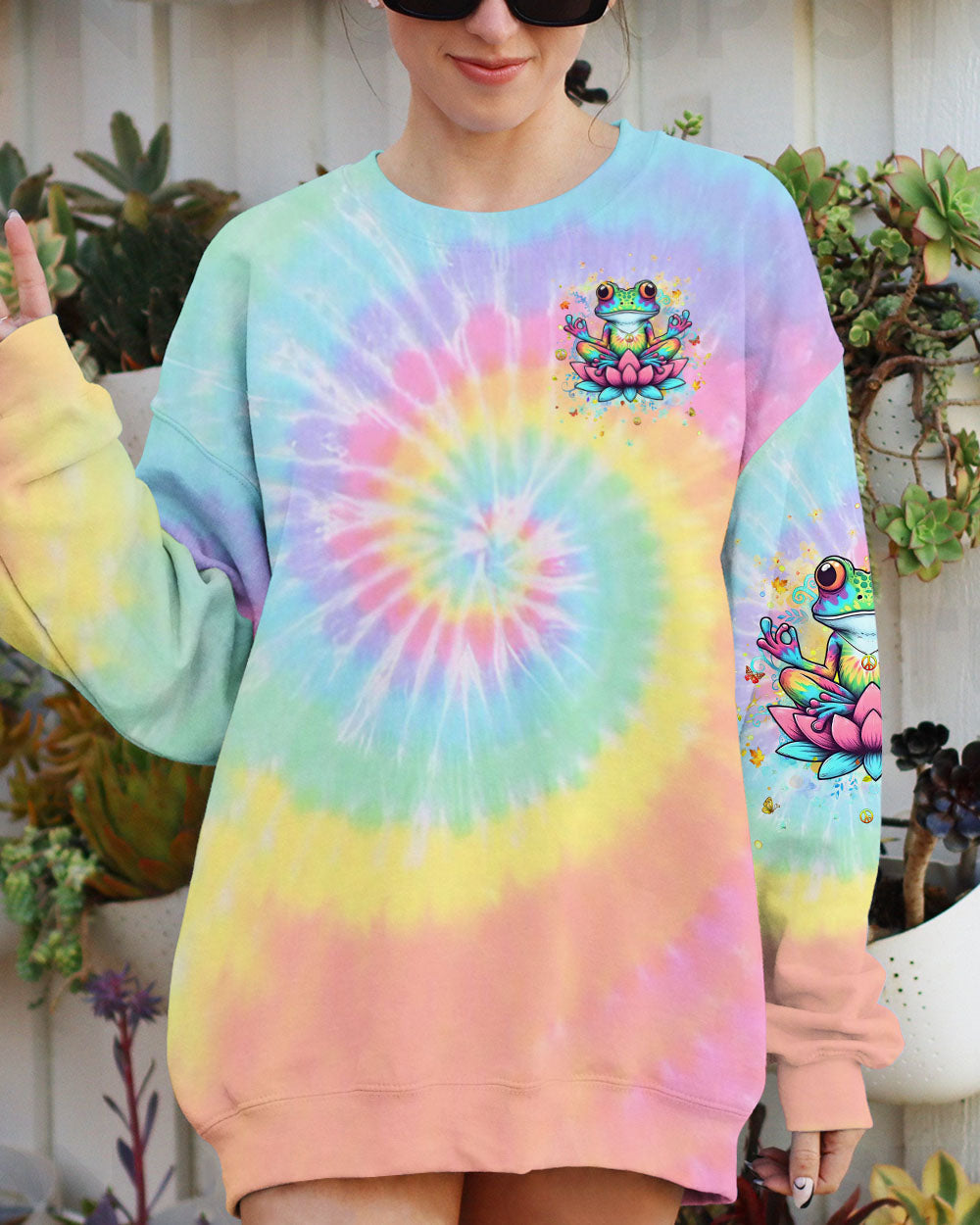 Just Breathe Everything Is Going to Be Okay Meditating Frog Tie Dye Lotus AOP Shirts _2_ hKE92