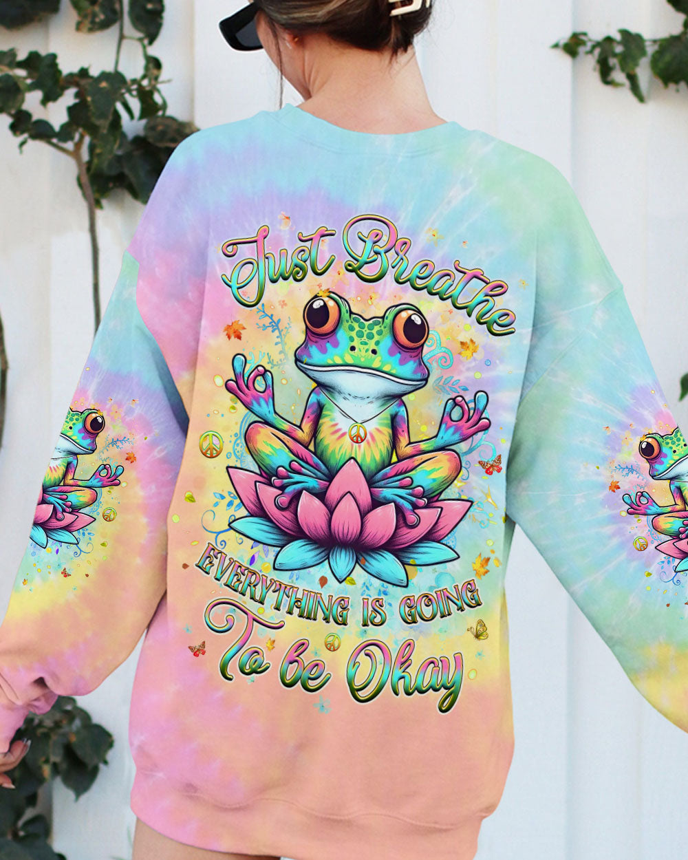 Just Breathe Everything Is Going to Be Okay Meditating Frog Tie Dye Lotus AOP Shirts _3_ b1qXo