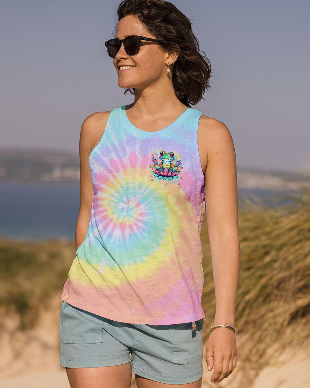 Just Breathe Everything Is Going to Be Okay Meditating Frog Tie Dye Lotus AOP Shirts _6_ i6Rjd