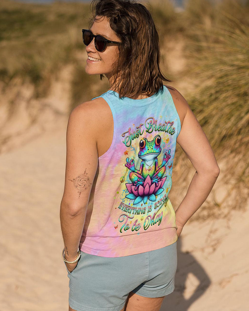 Just Breathe Everything Is Going to Be Okay Meditating Frog Tie Dye Lotus AOP Shirts _7_ BCUby