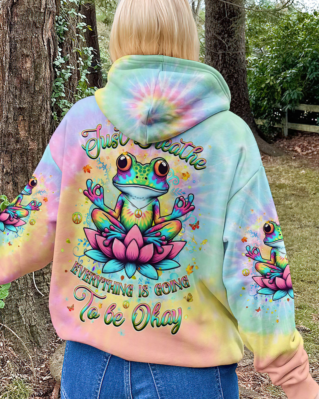 Just Breathe Everything Is Going to Be Okay Meditating Frog Tie Dye Lotus AOP Shirts _8_ tpw8Q