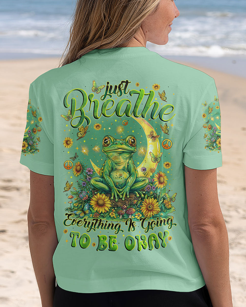 Just Breathe Everything Is Going to Be Okay Mindful Frog Sunflower Moon AOP Shirts _12_ iyx4z