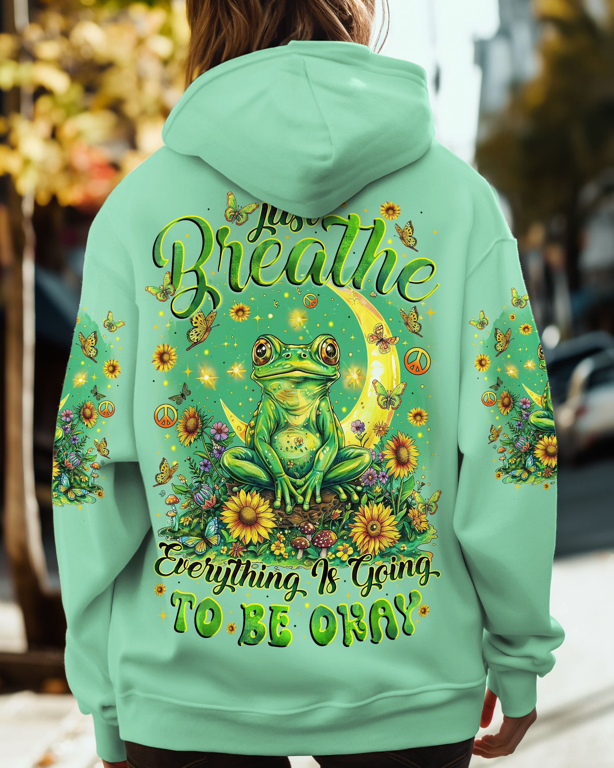 Just Breathe Everything Is Going to Be Okay Mindful Frog Sunflower Moon AOP Shirts _1_ odKwX