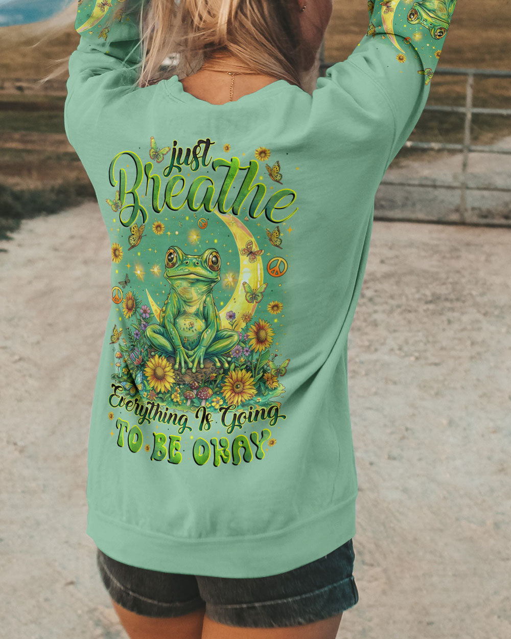 Just Breathe Everything Is Going to Be Okay Mindful Frog Sunflower Moon AOP Shirts _3_ Btcsq