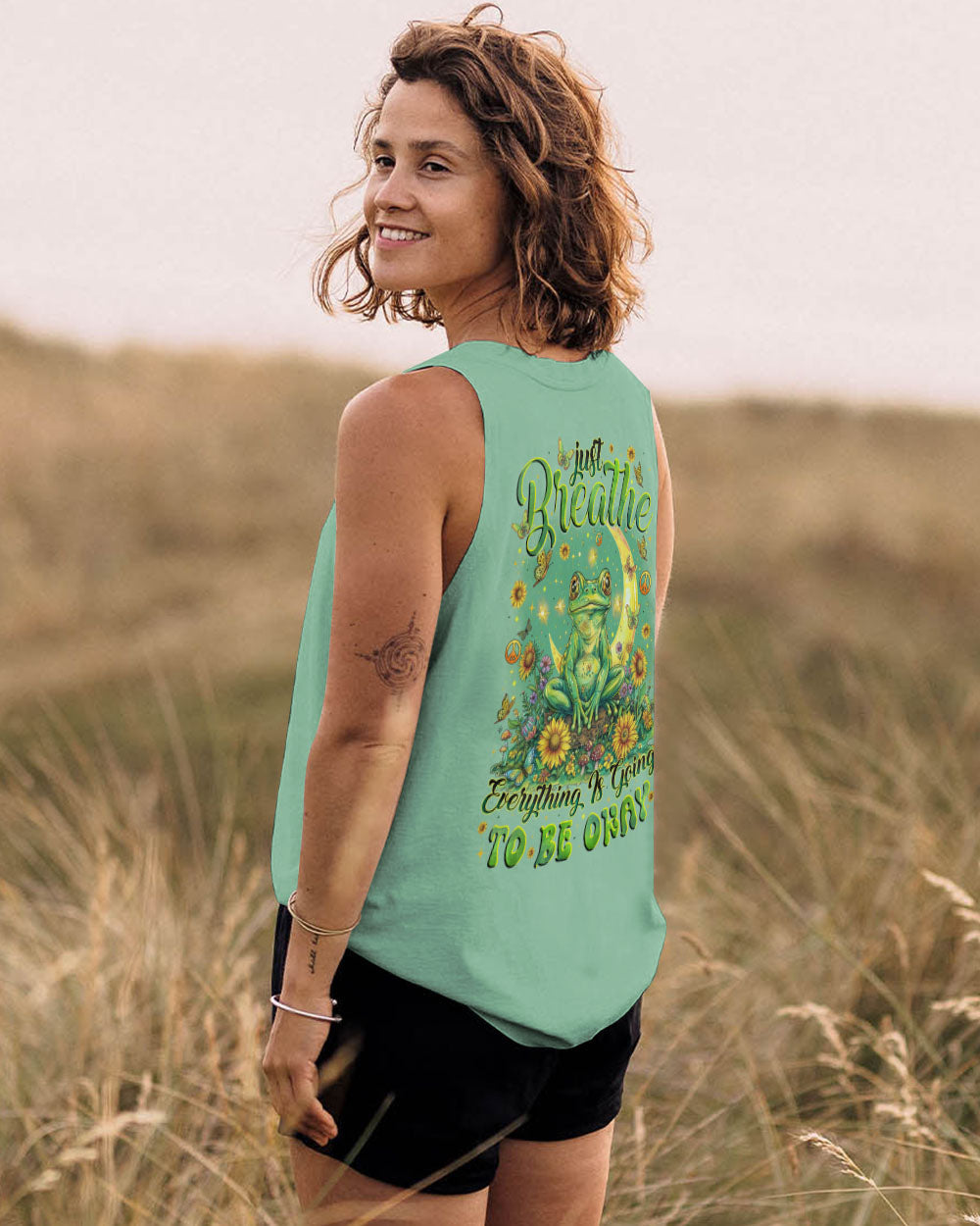 Just Breathe Everything Is Going to Be Okay Mindful Frog Sunflower Moon AOP Shirts _7_ uf7nU