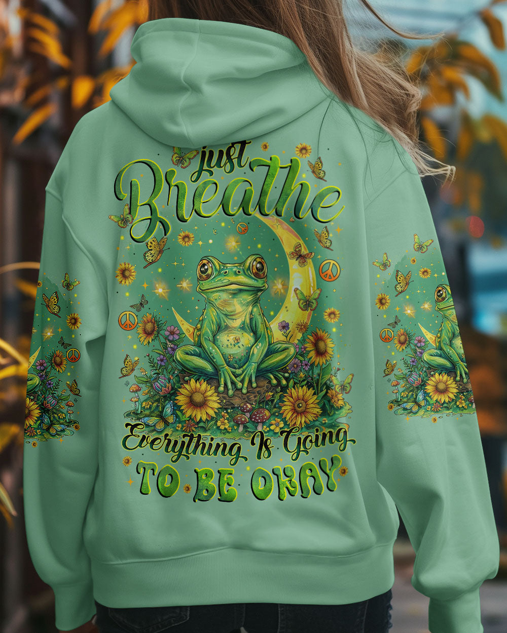 Just Breathe Everything Is Going to Be Okay Mindful Frog Sunflower Moon AOP Shirts _8_ ly3II