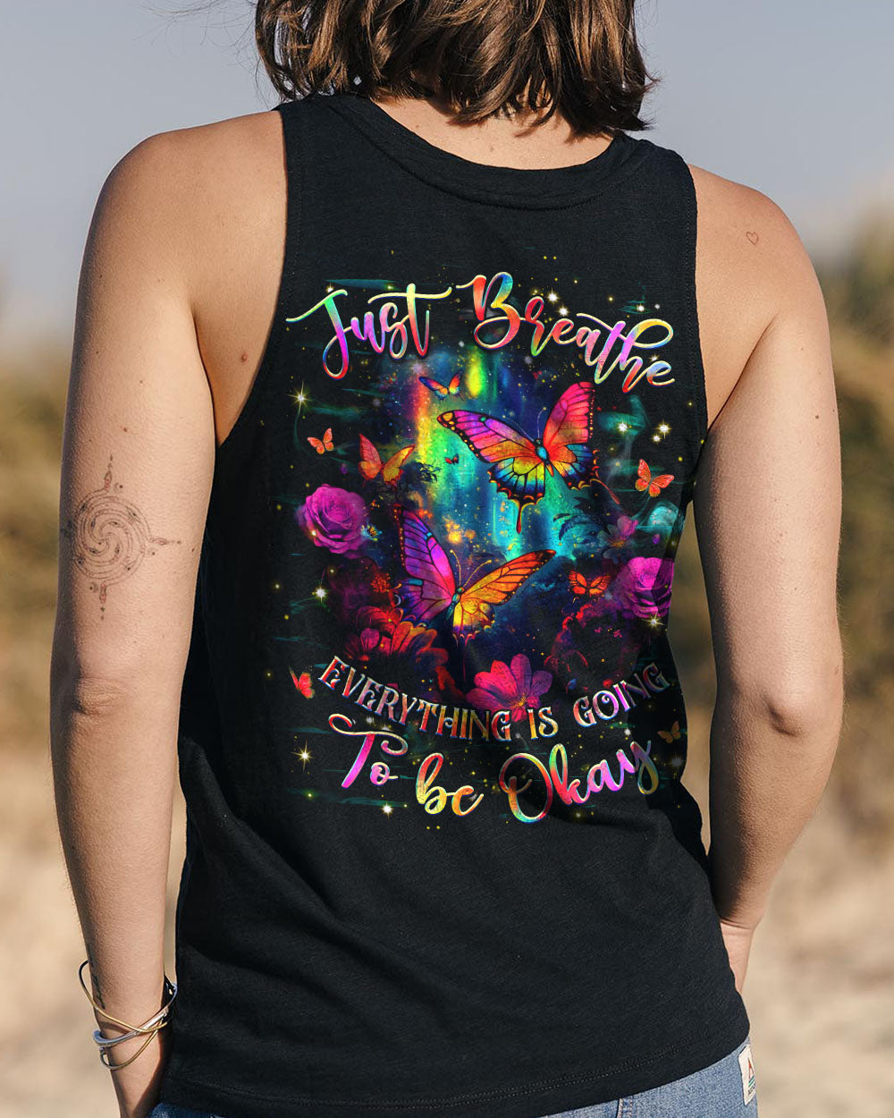 Just Breathe Everything Is Going to Be Okay Motivational Butterfly Floral Quote AOP Shirt _12_ 0LNua