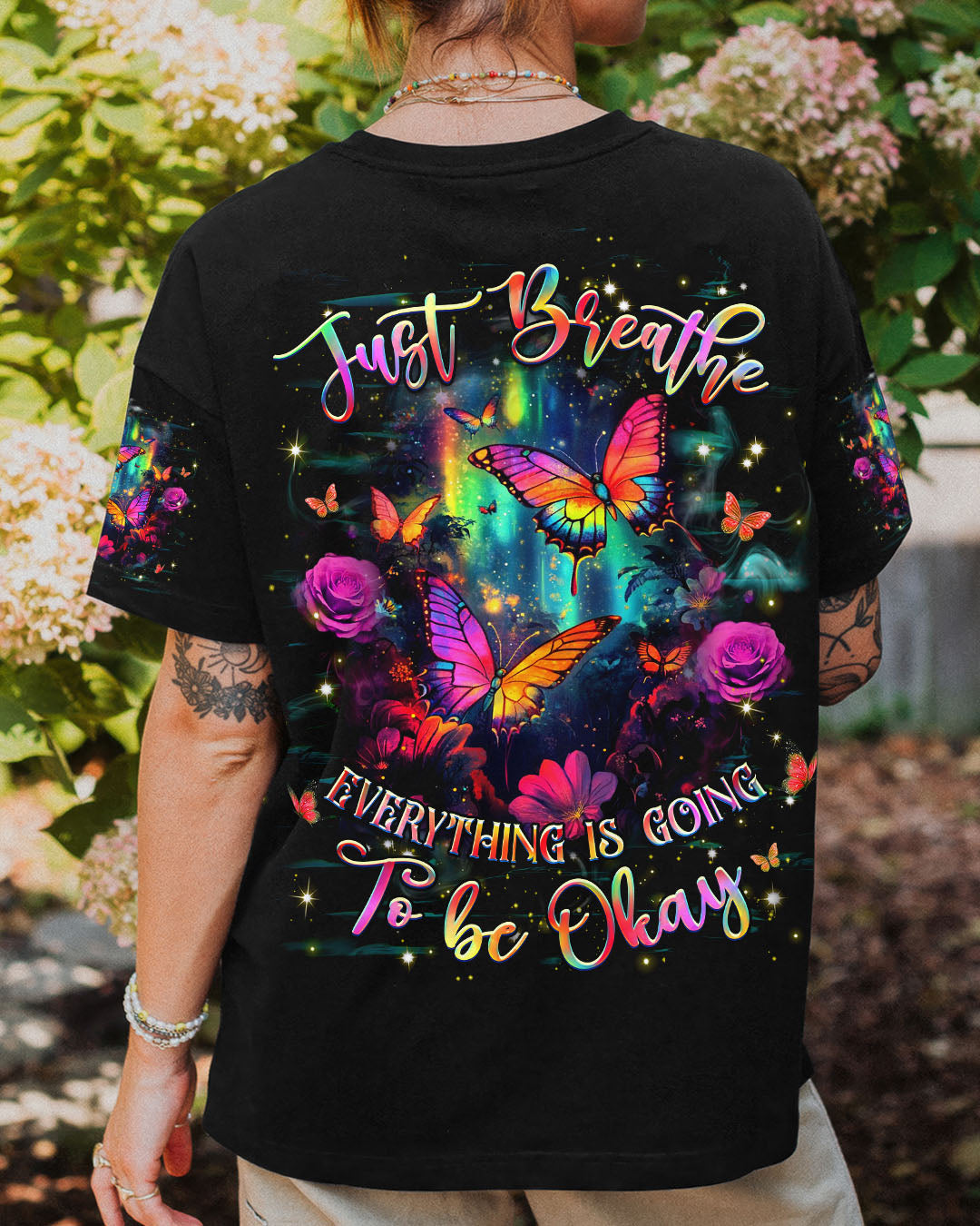 Just Breathe Everything Is Going to Be Okay Motivational Butterfly Floral Quote AOP Shirt _13_ LFfku