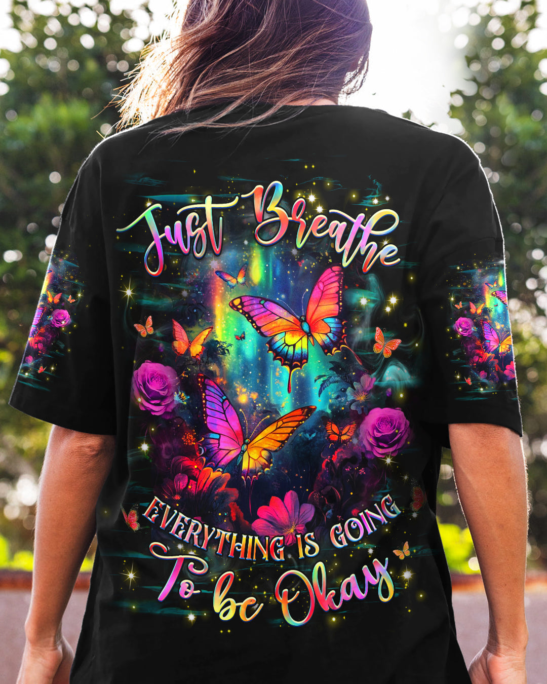 Just Breathe Everything Is Going to Be Okay Motivational Butterfly Floral Quote AOP Shirt _2_ nhX1G