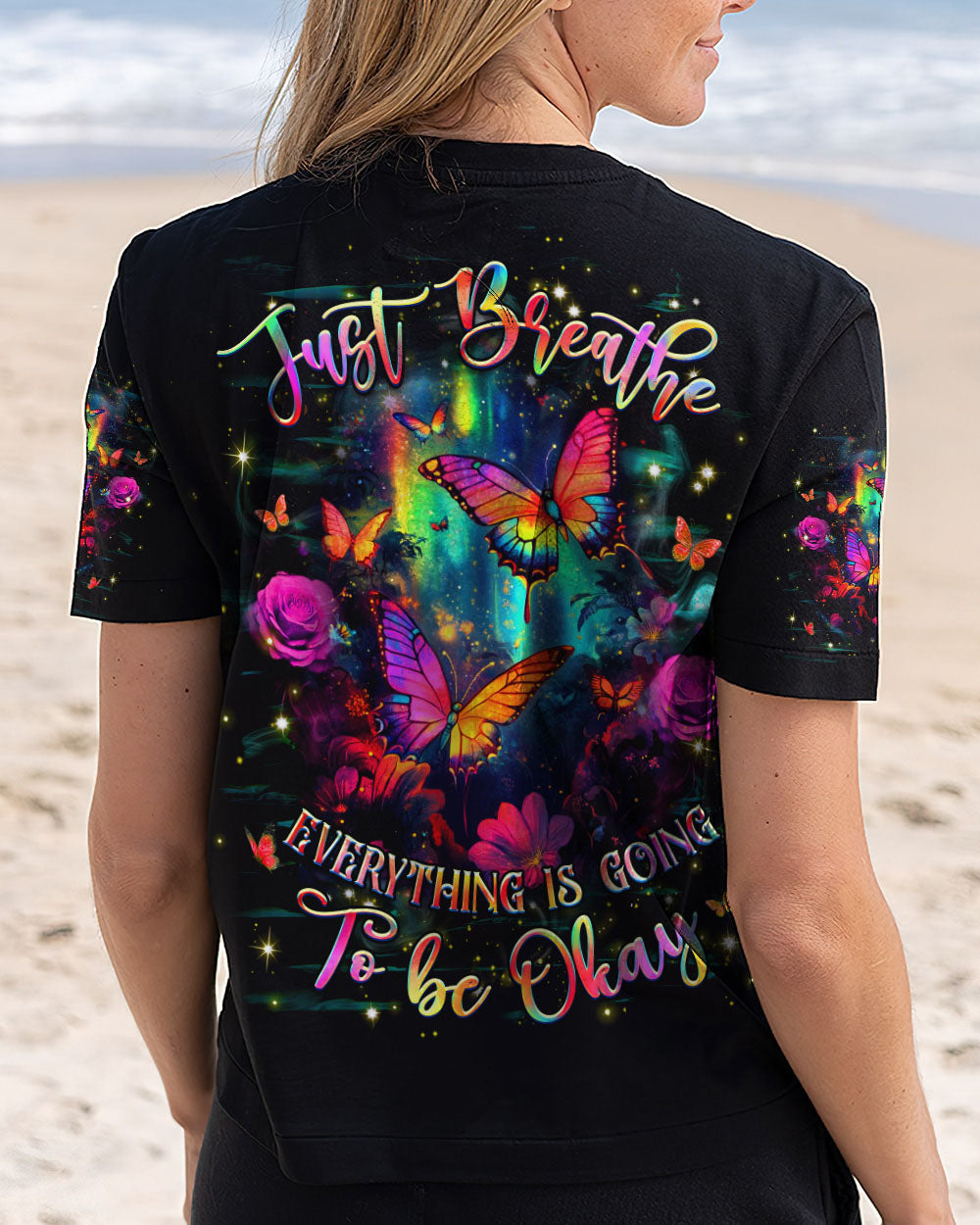 Just Breathe Everything Is Going to Be Okay Motivational Butterfly Floral Quote AOP Shirt _4_ rEEM5