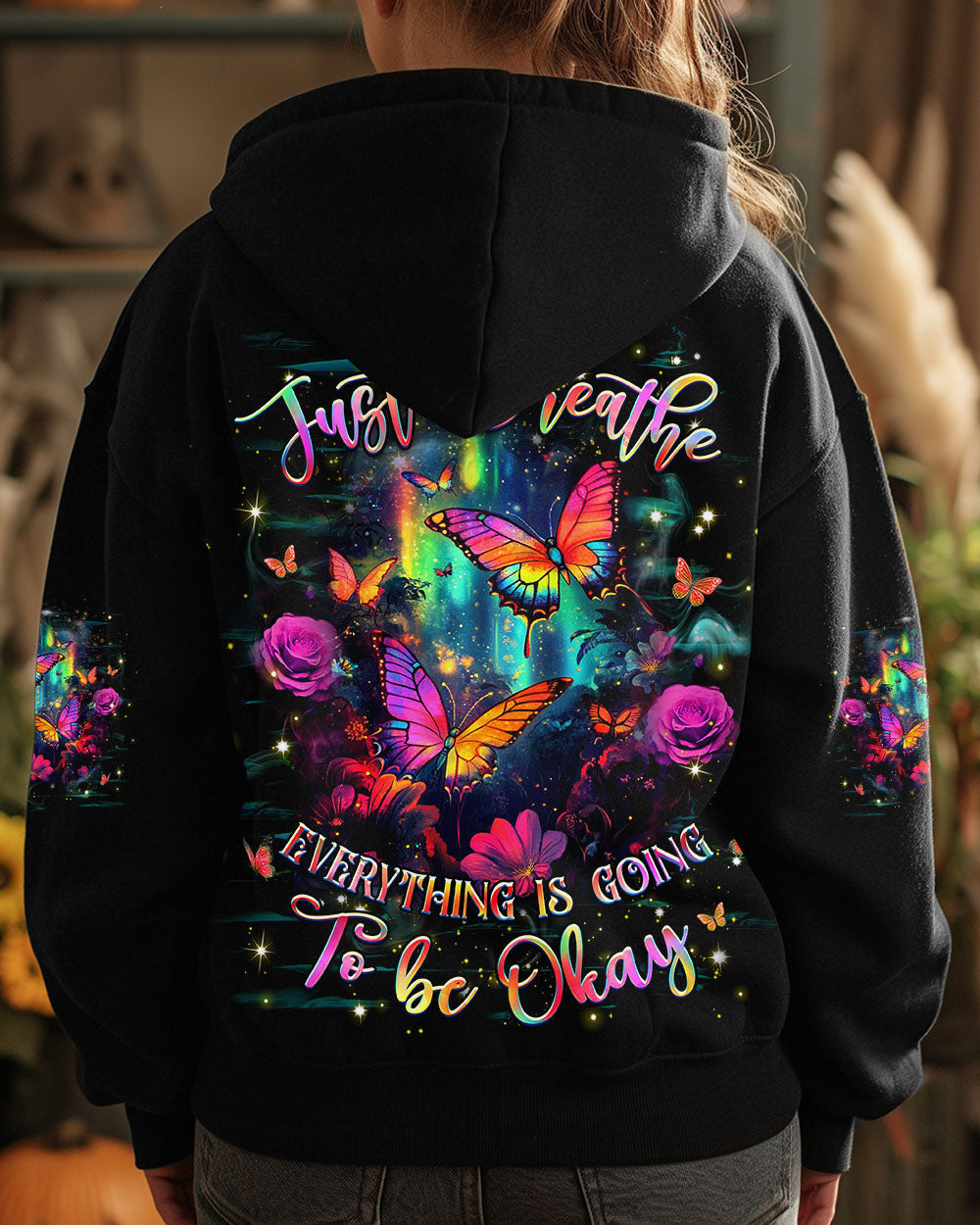 Just Breathe Everything Is Going to Be Okay Motivational Butterfly Floral Quote AOP Shirt _6_ WitjM