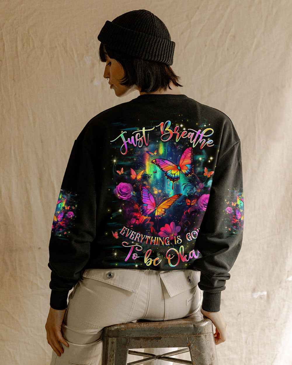 Just Breathe Everything Is Going to Be Okay Motivational Butterfly Floral Quote AOP Shirt _8_ RL0f1