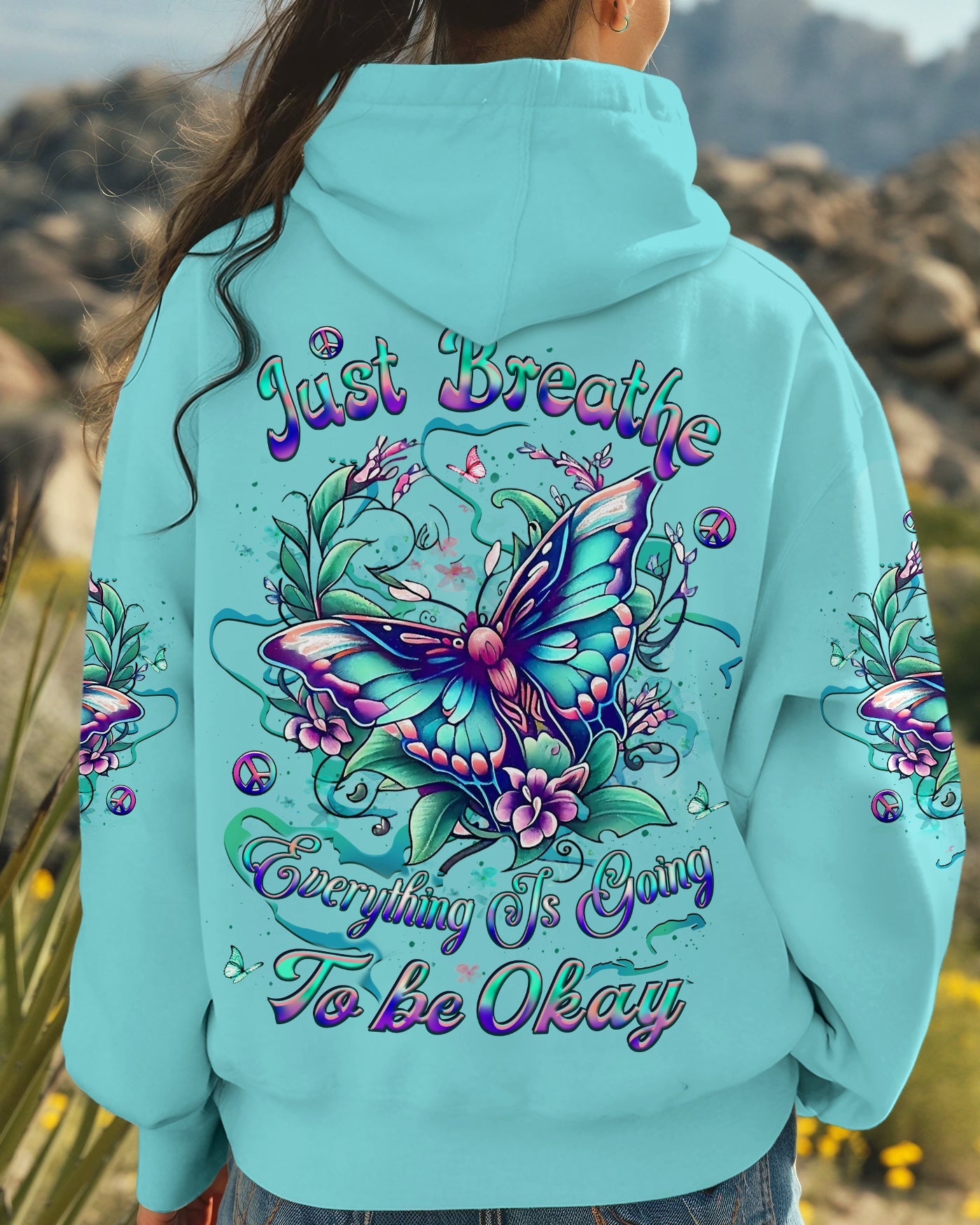 Just Breathe Everything Is Going to Be Okay Motivational Butterfly Quote AOP Shirts _1_ EUcIu
