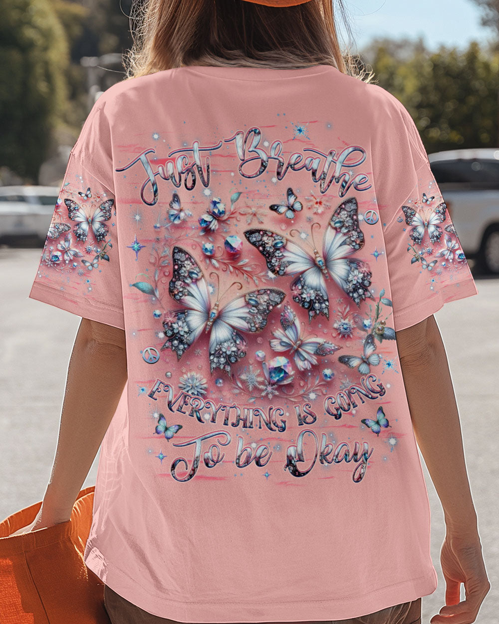 Just Breathe Everything Is Going to Be Okay Pink Butterfly Graphic AOP Shirts _4_ CRKoa