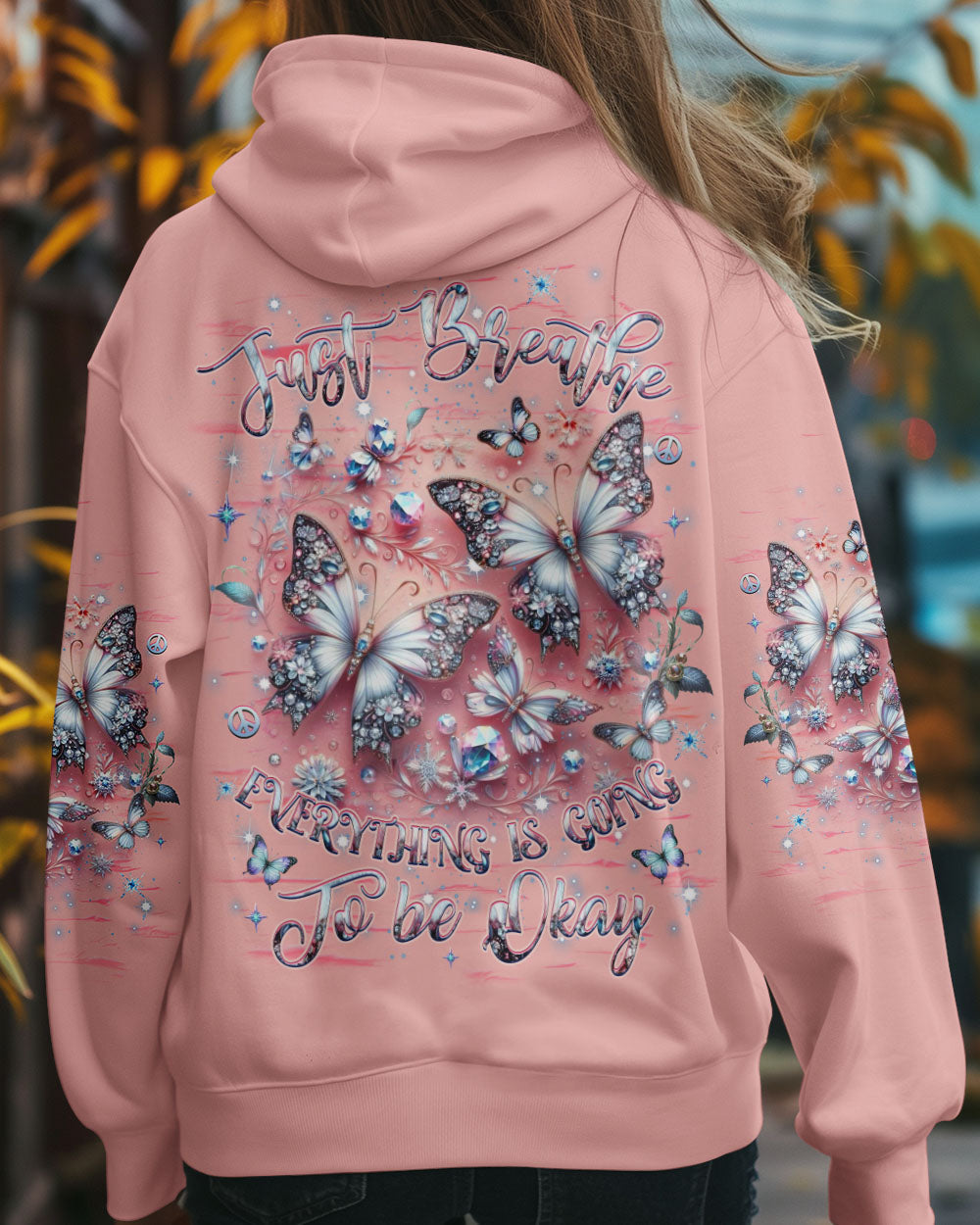 Just Breathe Everything Is Going to Be Okay Pink Butterfly Graphic AOP Shirts _6_ pSYil