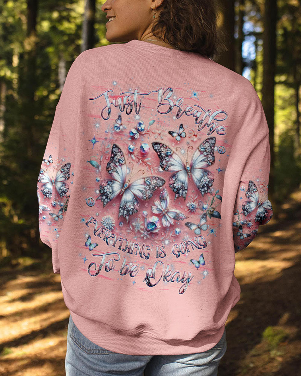 Just Breathe Everything Is Going to Be Okay Pink Butterfly Graphic AOP Shirts _8_ EtZNf