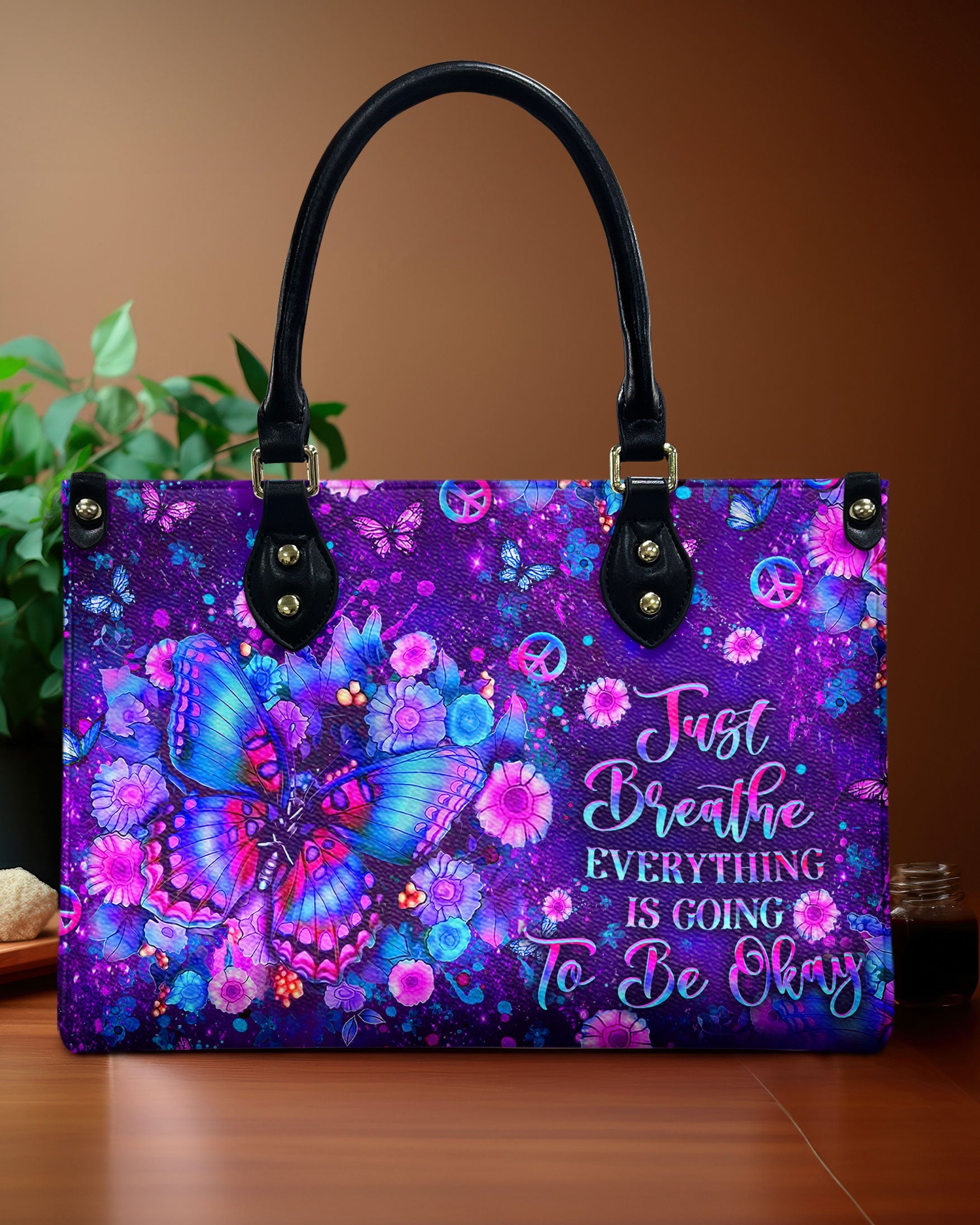 Just Breathe Everything Is Going to Be Okay Purple Butterfly with Flower Leather Bag _2_ PnVIp