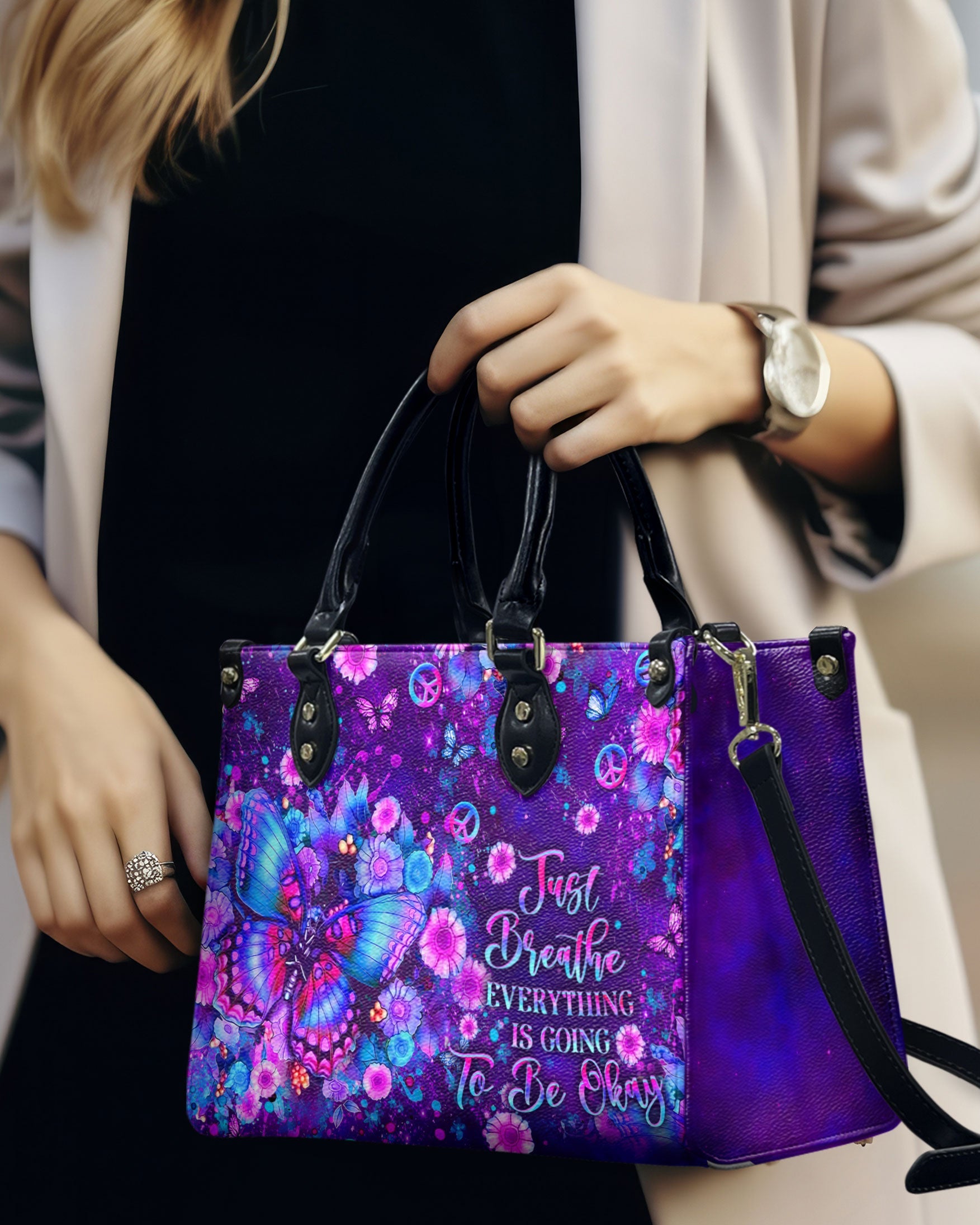 Just Breathe Everything Is Going to Be Okay Purple Butterfly with Flower Leather Bag _3_ wmkRZ