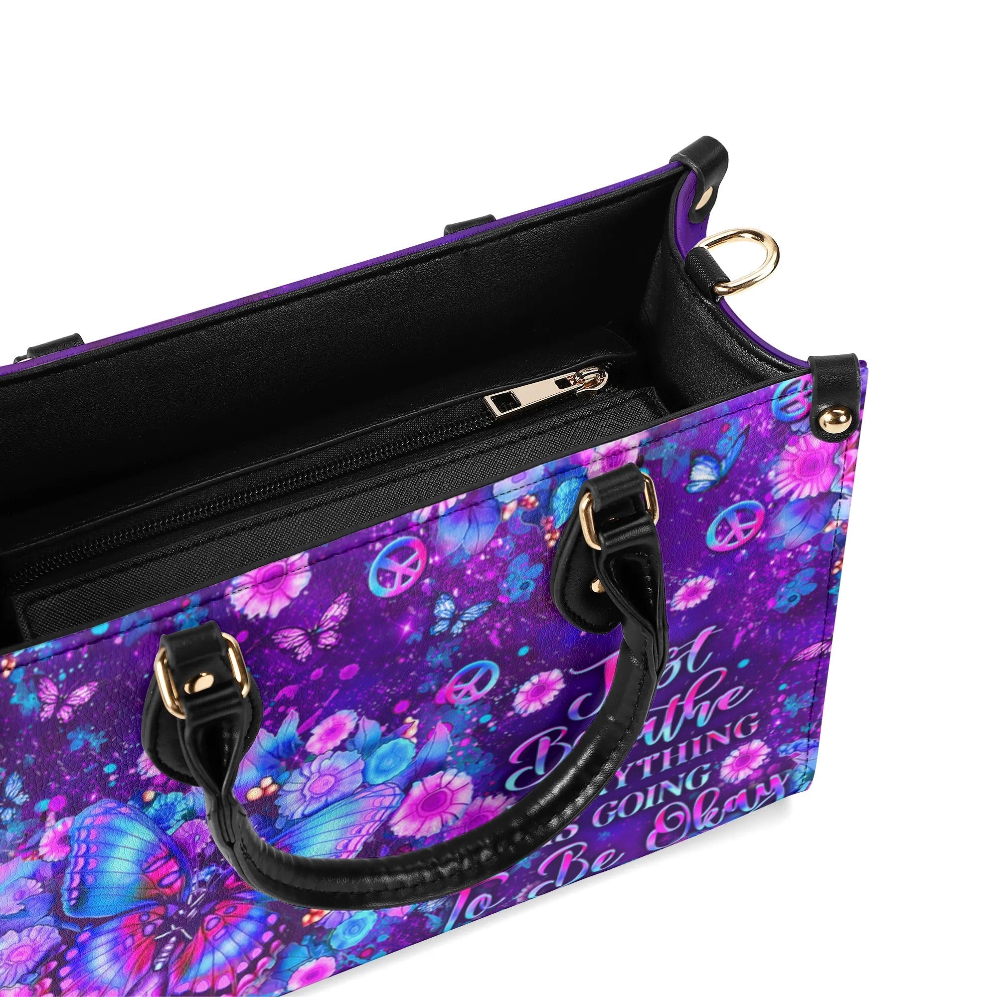 Just Breathe Everything Is Going to Be Okay Purple Butterfly with Flower Leather Bag _8_ mcivA