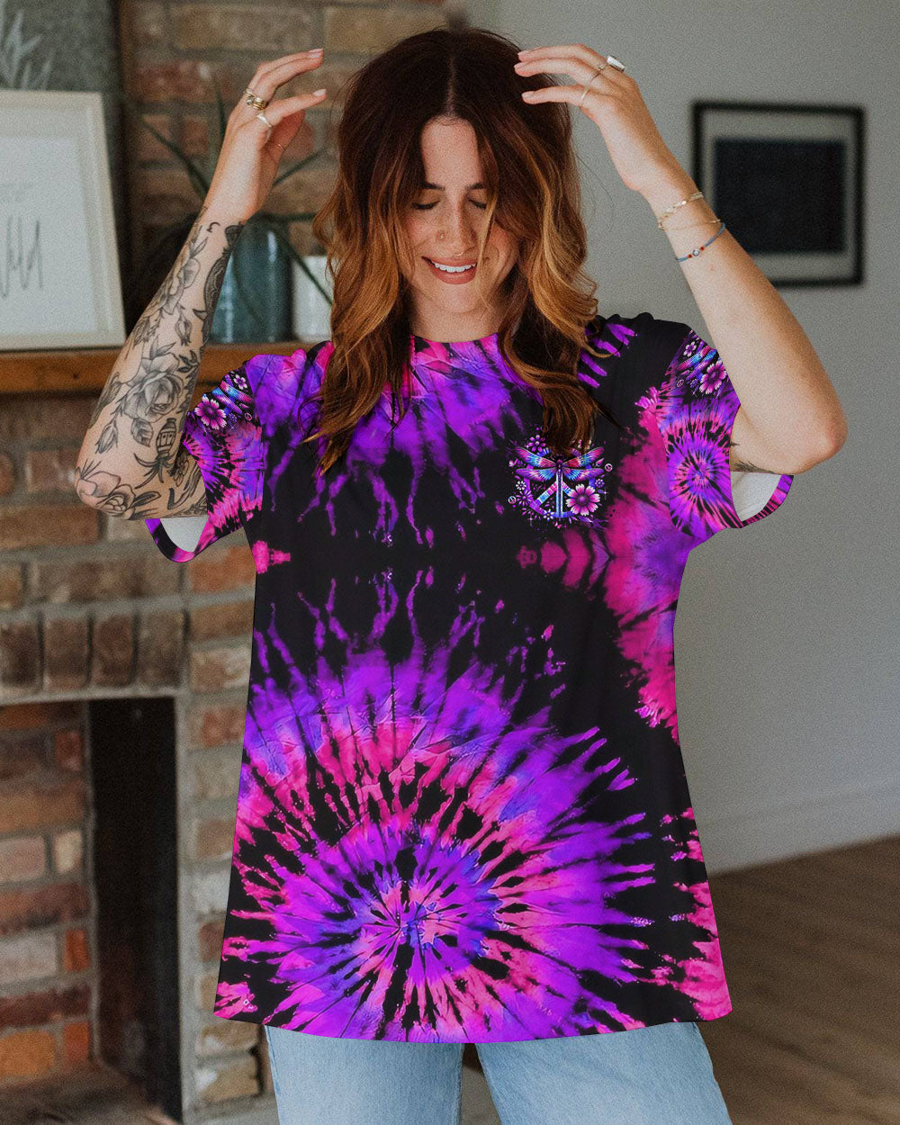 Just Breathe Everything Is Going to Be Okay Purple Dragonfly Tie Dye Hippie Graphic AOP Shirts _11_ JzJyK