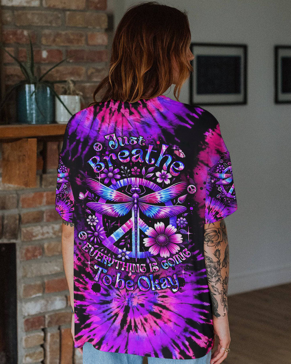Just Breathe Everything Is Going to Be Okay Purple Dragonfly Tie Dye Hippie Graphic AOP Shirts _12_ HzxuW