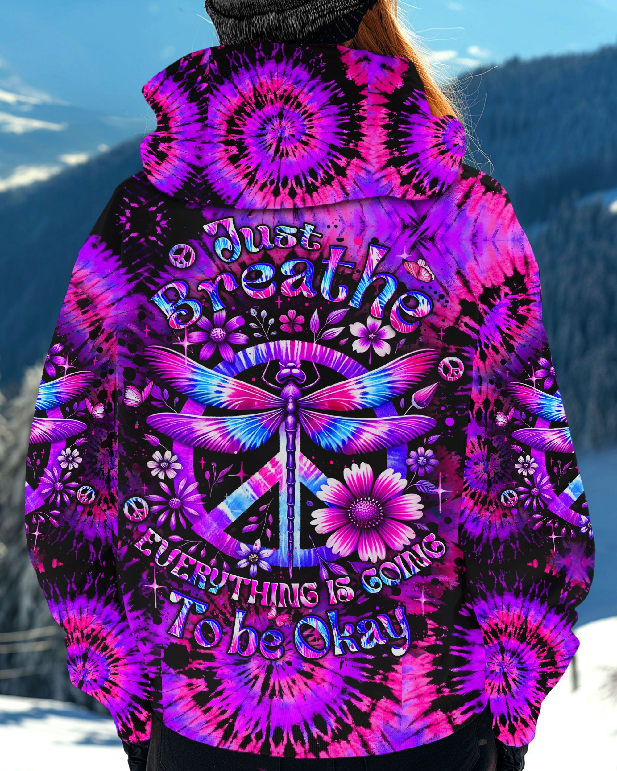 Just Breathe Everything Is Going to Be Okay Purple Dragonfly Tie Dye Hippie Graphic AOP Shirts _3_ kTFj6