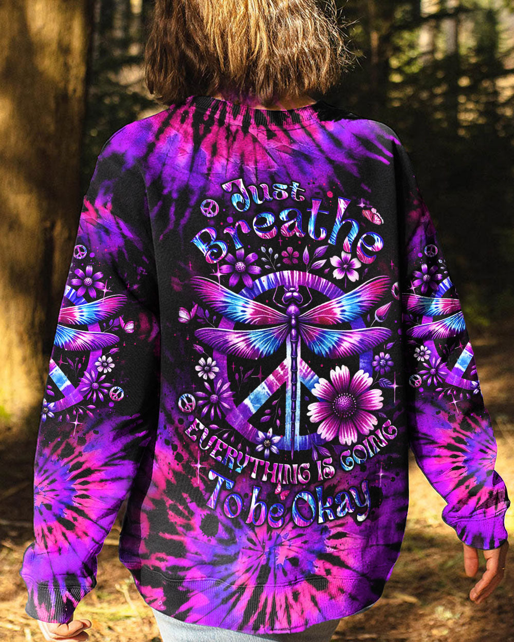 Just Breathe Everything Is Going to Be Okay Purple Dragonfly Tie Dye Hippie Graphic AOP Shirts _5_ mAd1N