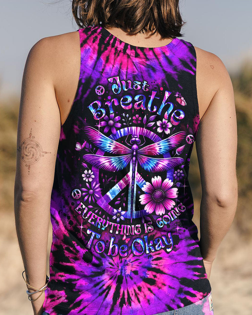 Just Breathe Everything Is Going to Be Okay Purple Dragonfly Tie Dye Hippie Graphic AOP Shirts _9_ JetRm