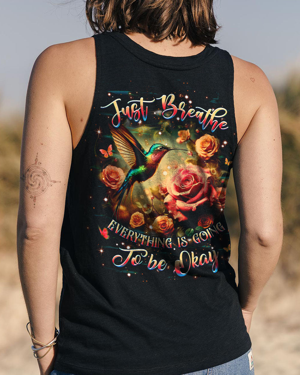 Just Breathe Everything Is Going to Be Okay Rose and Hummingbird Graphic AOP Shirts _13_ Lci55